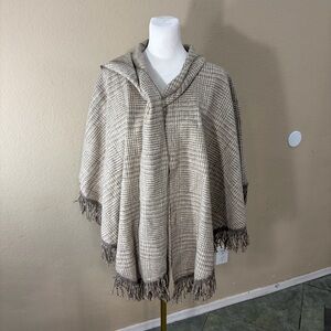 Vtg Plaid Wool Button Up Scarf Kaftan Cape Poncho Jacket with Fringe Caftan Boho